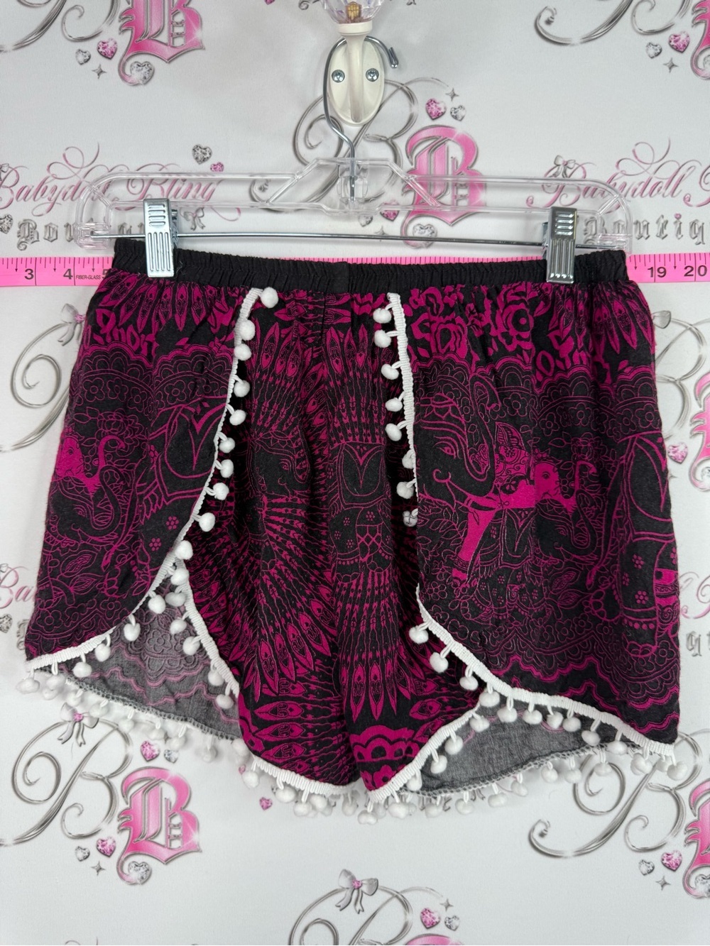 Thailand shorts elephant Boho Pom-Trim Wrap Women’s Shorts in Magenta and Black